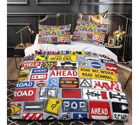 Señales de tráfico Funda de Edredón Suave Diseño 3D 3 Piezas Cierre de Cremallera Oculta con Fundas de Almohada Transpirable Diseño urbano de calles Funda Edredon for niños Single（135x200cm）