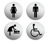 Señales para puerta Aseos Baño Mujeres Hombres Cambiador Minusválidos Conjunto de 4 Ø 75 mm Cartel Placa Aluminio cepillado adhesivo