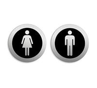 Señales para puerta Aseos Baño Mujeres Hombres Conjunto de 2 Ø 75 mm Cartel Placa Aluminio cepillado adhesivo