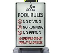 Señalización de seguridad para piscinas, letreros para piscinas, decoración al aire libre, diseño de texto humorístico, señal de advertencia de piscina de metal con aspecto retro para piscina al aire