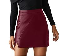 Senderismo Minifalda de piel sintética de cintura alta para mujer, pantalones cortos ajustados, faldas con falda de punto para mujer, color negro, Vino, XXL
