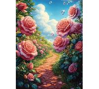 Sendero bordeado de rosas en una pradera florecida Puzzle 300 Piezas Cartón Blanco Premium Para Coleccionistas Sueño Mágico de Ciencia Ficción Toda La Familia Compatible Marco Estándar Decoración Hoga