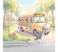 Sendero Del Parque Autobús Escolar Papel Pintado Panorámico 250x175cm, Estilo Acuarela De Dibujos Animados Papel Pintado De Seda, Grandes Murales Para Salón Sala De Estar Estudio Decor, Verde Claro