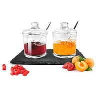 Sendez 2 tarros de especias en placa de pizarra con cuchara, latas de parmesano, mermelada, juego de miel, azucarero, salero