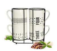 Sendez 4 Tazas de Café 300 ml Porcelana Blanca con Soporte Metálico