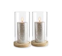 Sendez Juego de 2 portavelas de cristal con plato de madera, elegante portavelas y decoración de mesa, moderno portavelas de cristal de borosilicato, cristal decorativo para velas (altura total 21 cm