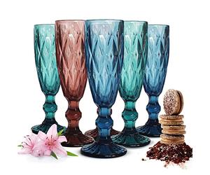 Sendez Juego de 6 copas de champán de colores de 150 ml de cristal tintado con superficie estructurada en verde, violeta y azul, ideal para ocasiones festivas, apto para lavavajillas