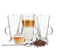 Sendez Juego de 6 vasos de café con asa y pie, 280 ml, transparentes, aptos para lavavajillas