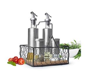Sendez Set de 5 piezas para salero y pimentero, dispensador de aceite y vinagre (acero inoxidable)