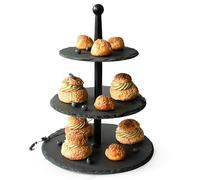 Sendez Soporte de 3 pisos de pizarra con tronco de madera para tartas, soporte para servir