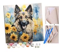 SENDJJ Pintar por numeros para Adultos Acuarela de perro pastor alemán y girasol (2) Pintura por números Adultos y para niños-Lienzo pre Dibujado con numeros para Pintar con Pinceles 40x40cm