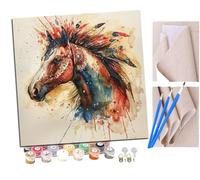 SENDJJ Pintar por numeros para Adultos Caballo estilo indio en acuarela (7) Pintura por números Adultos y para niños-Lienzo pre Dibujado con numeros para Pintar con Pinceles 40x40cm