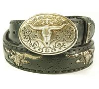 Sendra Boots Cinturón 8322 Negro Mujer Hombre Cowboy Western Gipsy Ibiza Cinturón 4 cm Ancho Hebilla Cambiable Cráneo Longhorn Jeans Cuero Genuino Hecho A Mano Talla 105