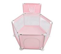 SENECESLI Bolígrafo para Gatear para Bebés, Valla de Seguridad Hexagonal, Patio de Malla Gruesa con Aro de Baloncesto, Color Rosa para Uso en Interiores, Tela Oxford de Acero Inoxidable Duradera