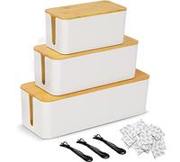 Senenqu - Lote de 3 cajas para cables eléctricos, con tapa de madera, caja de enchufe múltiple para protección de cable y enchufe eléctrico, color blanco