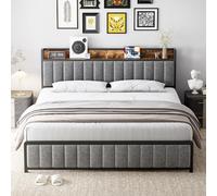 Senfot Marco de cama Queen con cabecera de almacenamiento, cama de plataforma tapizada con puertos USB y tomas, marco de cama tamaño Queen gris con soporte de listones de metal fuerte, no necesita