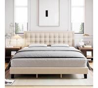 Senfot Marco de cama tamaño matrimonial, base de cama tapizada de lino con cabecera ajustable y listones de madera resistentes, antideslizante y sin ruido, no necesita somier, fácil montaje, color