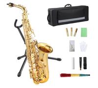 Senfot Student Eb - Kit completo de saxofón alto lacado dorado con paño de limpieza, guantes, cepillo, articulación de la cabeza, lengüeta, correa, soporte, estuche de tubo, saxofón para principiantes