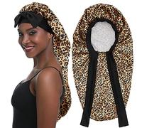 SENGTERM Gorro de satén largo para mujer, gorro de satén largo ajustable para dormir, gorro de dormir de satén extra grande para mujer, rizos largos, leopardo, L-XL