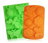 SENHA 2 bandejas de silicona con formas de insectos, 6 cavidades 3D Forma de libélulas y mariposas, Molde para fabricar jabón hecho a mano, hornear pasteles, magdalenas, galletas, etc-naranja,verde