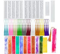 SENHAI - 6 moldes de resina para marcapáginas, diseño de hojas rectangulares con forma de flor, para resina epoxi (12 estilos) con 30 borlas coloridas, 3D para hacer manualidades de decoración