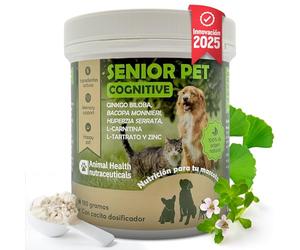 Senior Pet Cognitive para Perros y Gatos - Ginkgo Biloba, Bacopa Monnieri, L-Carnitina, Zinc- Salud Cognitiva, Memoria - Mascota Feliz - Bote de 180g
