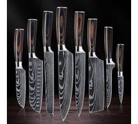 SENKEN - Pack Cuchillos de Cocina Japoneses Premium de 8 Piezas con Patrón de Damasco Láser, Colección Imperial - Cuchillo de Chef, Cuchillo Santoku, Cuchillo de Pan y Más