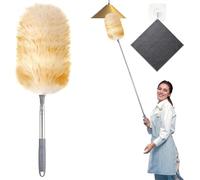 SENLINLIN Plumero telescópico Extensible 130 cm - Plumero de Lana de Cordero Natural, Suave, Lavable y antiarañazos, Ideal para techos, Muebles, automóviles y Superficies delicadas