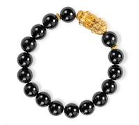 SENLLY Golden Guardian - Beaded Stretch Bracelet with Black Agate & Brass Pixiu Charm, Handmade Natural Stone Jewelry for Balance, Confidence & Grounding
