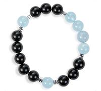 SENLLY Ocean Focus - Beaded Stretch Bracelet with Natural Aquamarine & Black Agate, Handcrafted Natural Stone Jewelry for Clarity, Strength & Balance