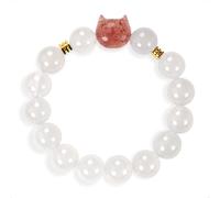 SENLLY Snowberry Cat - Beaded Stretch Bracelet with White Agate & Strawberry Quartz Cat Charm, Handmade Natural Stone Jewelry for Sweetness, Calm & Gentle Energy