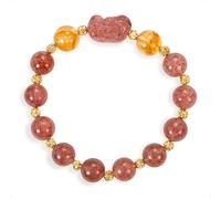 SENLLY Strawberry Fortune - Beaded Stretch Bracelet with Strawberry Quartz, Citrine & Pixiu Charm, Handmade Natural Stone Jewelry for Luck, Warmth & Emotional Balance
