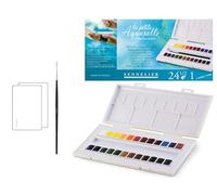 Sennelier - Caja de pintura de acuarela de plástico, 24 colores + pincel y 2 postales acuarelas, Francia