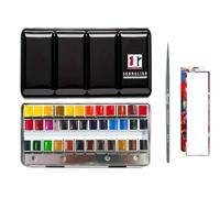 Sennelier - Caja de pintura de acuarela extrafina, 36 medias cucharones. Caja de metal con 1 pinceles y 2 tarjetas