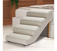 Senneny Escaleras de Piel sintética para Perros, Impermeables, Resistentes a los arañazos, con Espuma de Alta Densidad y Patas de Madera Desmontables, Lino Beige Claro, 4 escalones