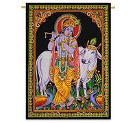 Señor Krishna Indio Decoración algodón tapiz colgar en la pared de tamaño Póster 42 x 30 pulgadas