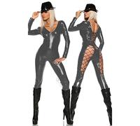 Señora Sexy PVC ahueca hacia fuera el mono de látex de cuero sintético Lencería erótica Body PU Club nocturno Party Bar Dance Mono de cuero, gris, 5XL