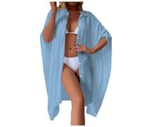Señoras Camisa de Algodón Flameado Suelto Playa Cárdigan Bikini Bata Protector Solar Vacaciones Verano (Light Blue, One Size)