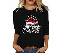 Señoras Navidad Casual Moda Gorro de Navidad Estampado Cuello Redondo Mangas Tops Camiseta Blusa Estampado, Negro , S