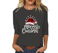 Señoras Navidad Casual Moda Gorro de Navidad Estampado Cuello Redondo Mangas Tops Camiseta Blusa Estampado, gris oscuro, L