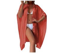 Señoras Verano Sólido Flameado Camisa De Algodón Suelto Playa Cárdigan Vacaciones Protector Solar Bikini Bata Traje De Baño Cárdigan (Orange, One Size)