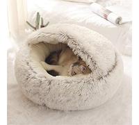 SENRN Fluffy Cat Bed, Round, Soft Plush, Cave with Hood, Cat Bed for Winter, Warm Sleeping Pillow, Non-Slip, Machine Washable for Cats and Puppies-Coffee /40cm