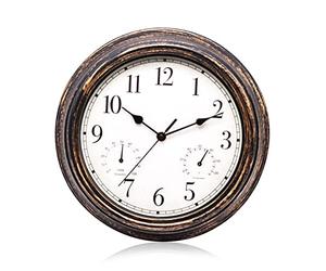 SENRN Garden Clock Outdoor Waterproof Clock with Thermometer Hygrometer Outdoor Waterproof Vintage Metal Clock 12 Inch Retro Metal Wall Clock for Patio Pool Black Bronze