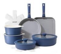 SENSARTE Juego de 17 Piezas de Ollas y Sartenes Antiadherentes de Cerámica | Juego de Utensilios de Cocina con Mango Desmontable, Apto para Todo Tipo de Cocinas, Apto Lavavajillas y Horno (Azul Marino)