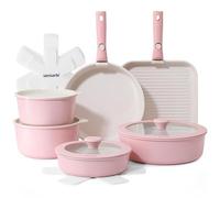 SENSARTE Juego de Ollas y Sartenes de Cerámica 17 Piezas, Utensilios de Cocina Antiadherentes con Mango Desmontable, Apto para Todo Tipo de Cocinas, Aptos para Lavavajillas y Horno (Rosa)
