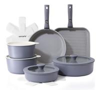 SENSARTE Juego de Ollas y Sartenes de Cerámica 17 Piezas, Utensilios de Cocina Antiadherentes con Mango Desmontable, Apto para Todo Tipo de Cocinas, Aptos para Lavavajillas y Horno (Gris)