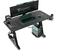 SENSE7 Mesa Gaming 100x50 cm con Gancho para Auriculares y Portavasos | Soporte de Controlador, Superficie de Fibra de Carbono, Diseño Ergonómico, Juegos de PC, Escritorio gamer