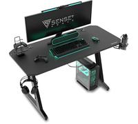 SENSE7 Mesa Gaming 100x50 cm con Gancho para Auriculares y Portavasos | Soporte de Controlador, Superficie de Fibra de Carbono, Diseño Ergonómico, Juegos de PC, Escritorio gamer