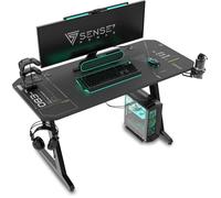 SENSE7 Mesa Gaming 120x60 cm con Gancho para Auriculares y Portavasos | Soporte de Controlador, Superficie de Fibra de Carbono, Diseño Ergonómico, Juegos de PC, Escritorio gamer