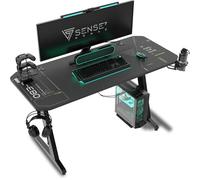 SENSE7 Mesa Gaming 140x60 cm con Gancho para Auriculares y Portavasos | Soporte de Controlador, Superficie de Fibra de Carbono, Diseño Ergonómico, Juegos de PC, Escritorio gamer